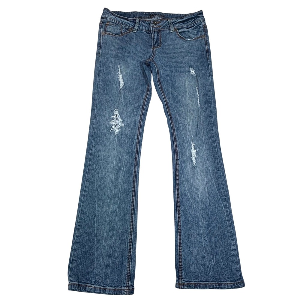 Royal Blue Womens Distressed Bootcut Flare Jeans Med Wash Size 9x32 Mid Rise Y2K